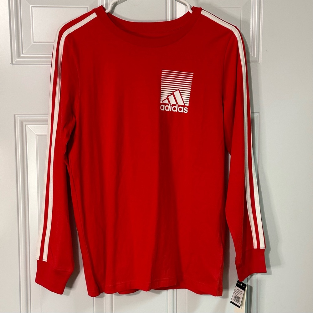 NEW Adidas Red Long Sleeve Boys T-Shirt Size Large 14/16 3-Stripes